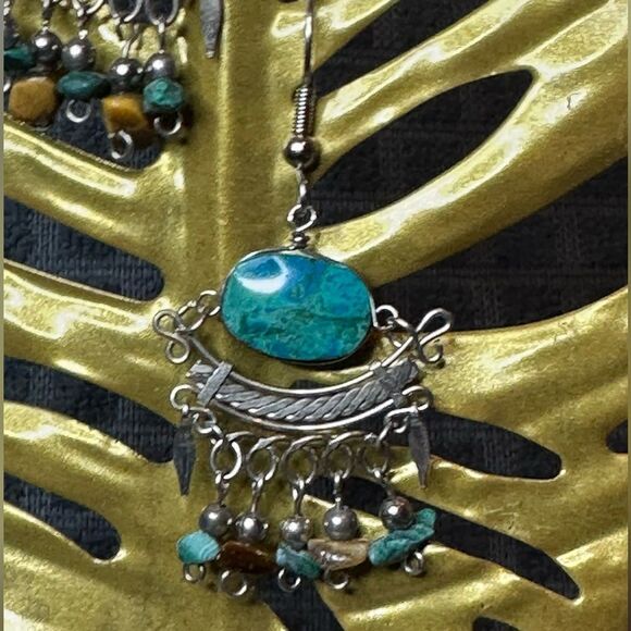 Handmade Vintage Chrysocolla Sterling Silver Dangle Earrings - Picture 2 of 4